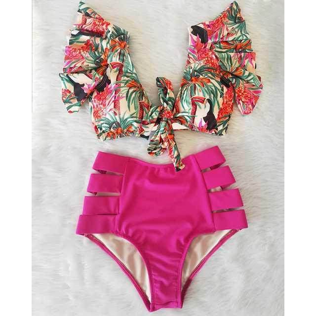 Cross-Border Ruffle Bikini High Waist Swimwear Women Swimsuit