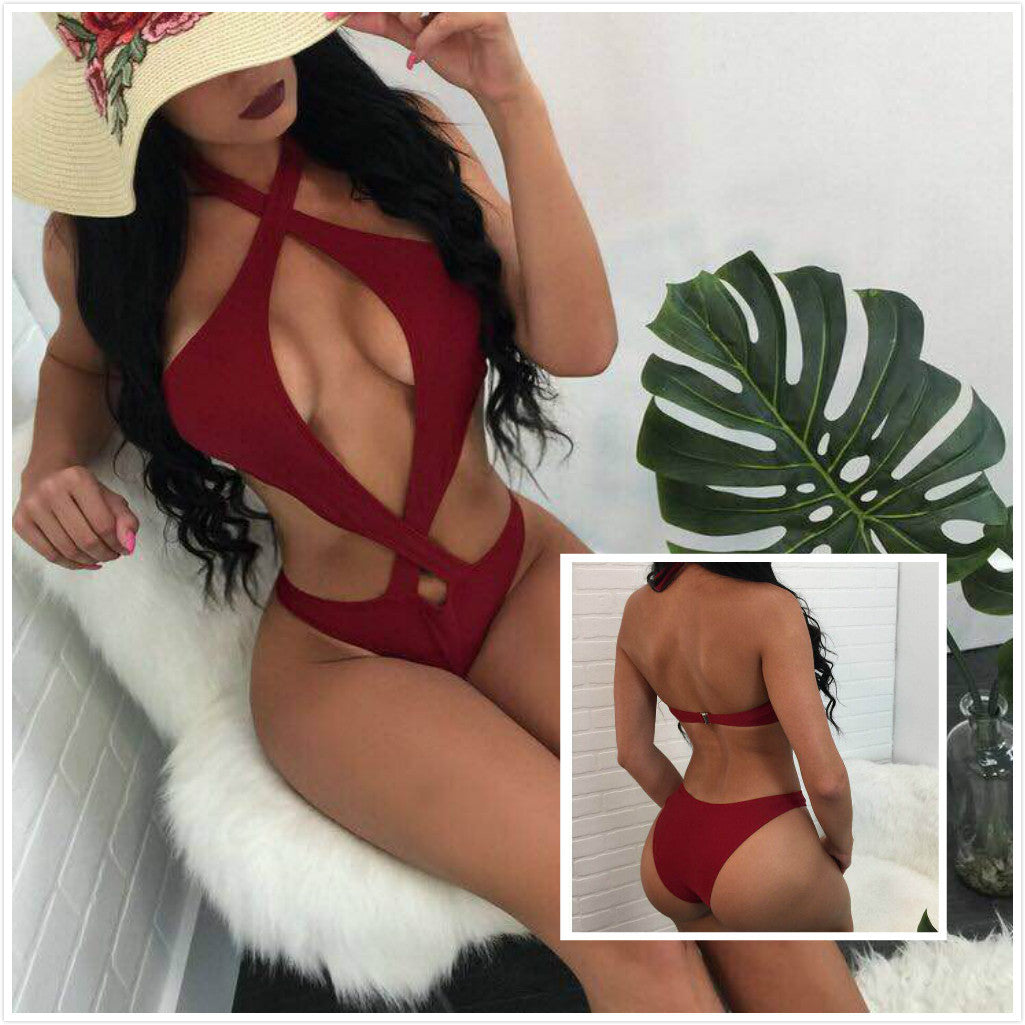 New Sexy Halter Cross Design Solid Color Bikini Swimwear Women