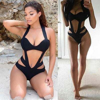 One Piece Swimsuit Women Swimwear Black Bodysuit Romper