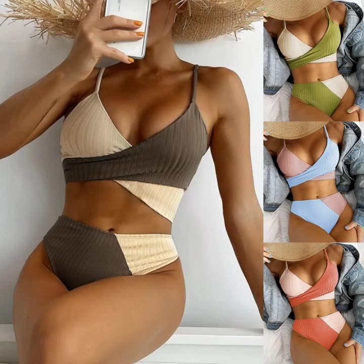 Bikini Patchwork Swimwear Ribbed Women's Swimsuit 2022 Knot Back Beachwear Bathing Suits